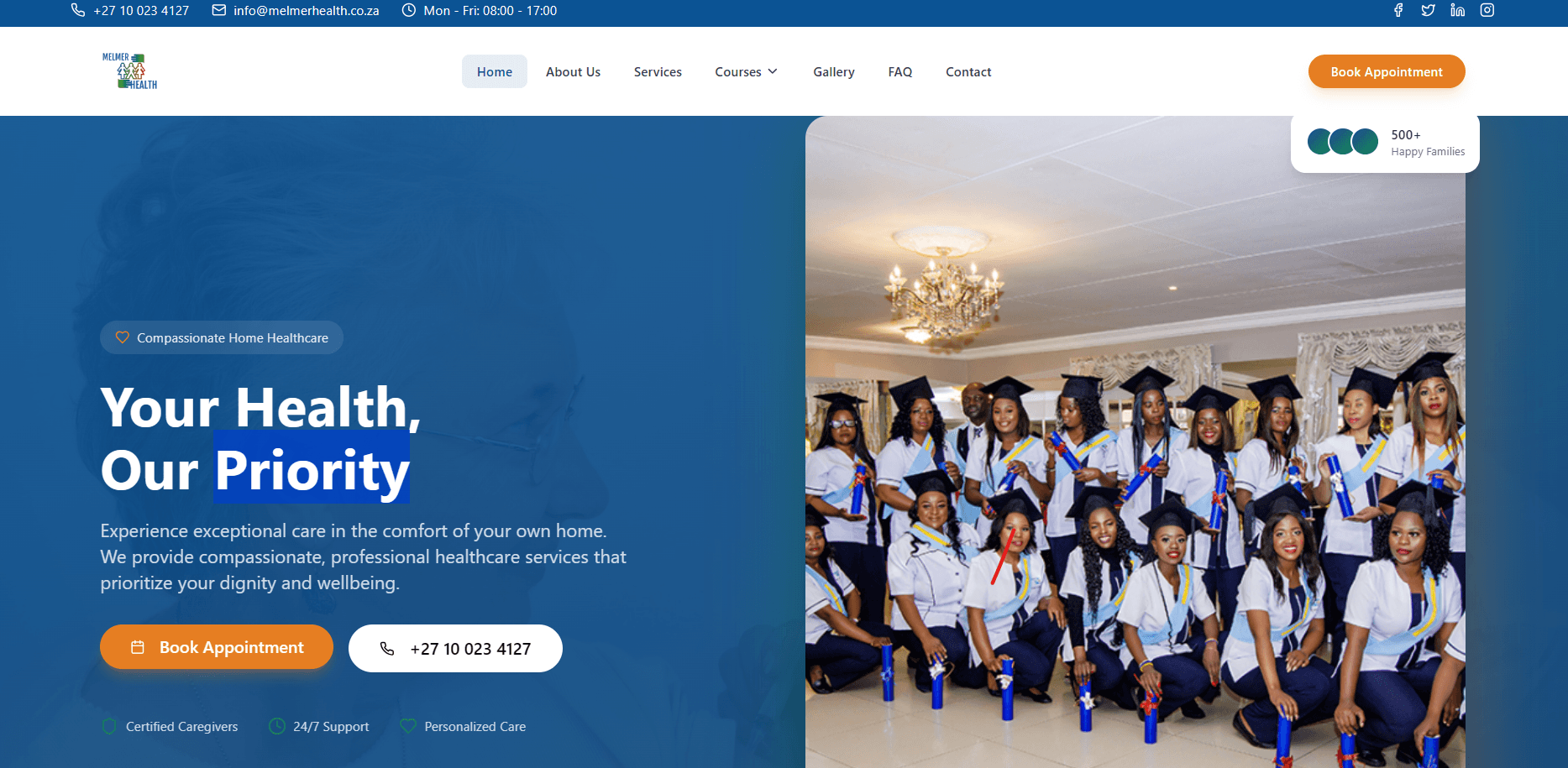 Melmer Health website home page with appointment booking