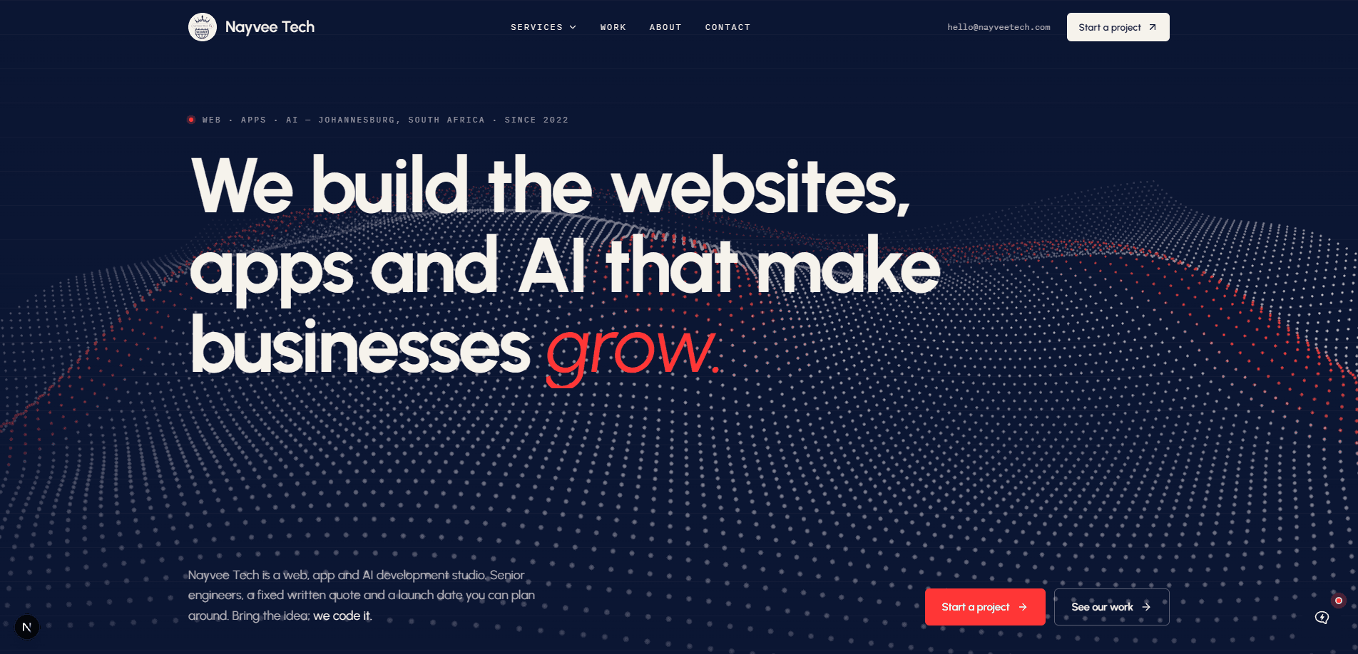 Nayvee Tech website home page with the 3D signal field behind the headline