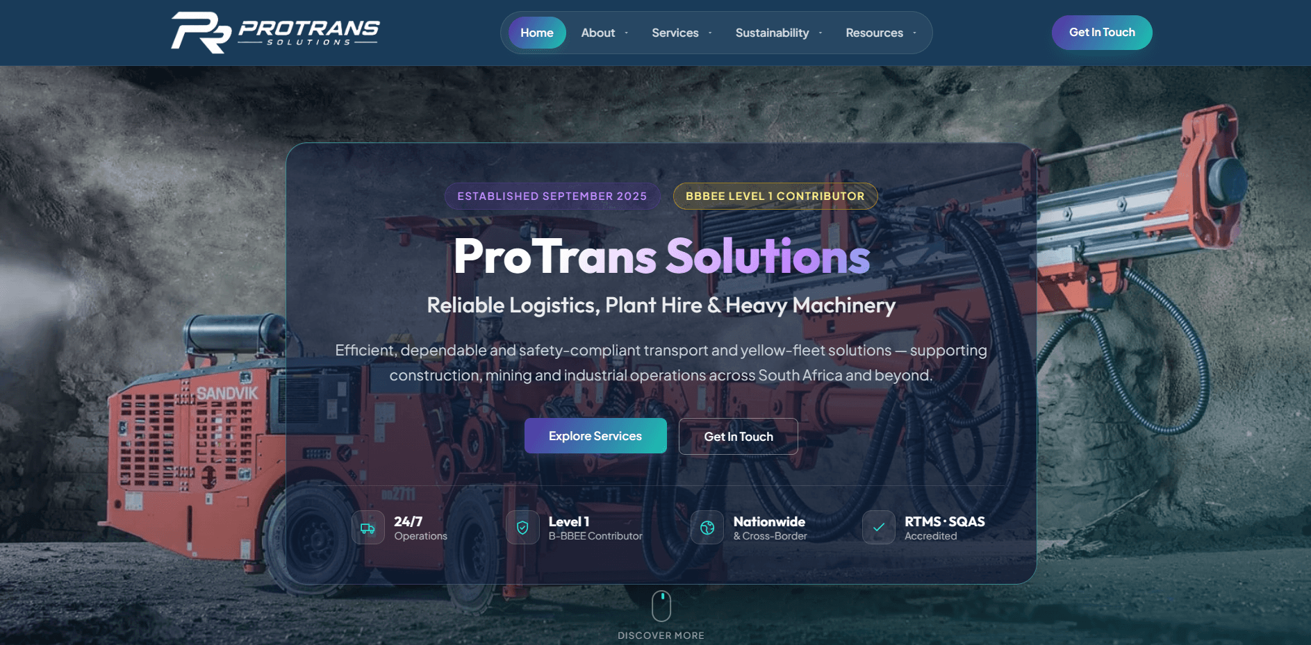 ProTrans Solutions website hero with logistics, plant hire and heavy machinery