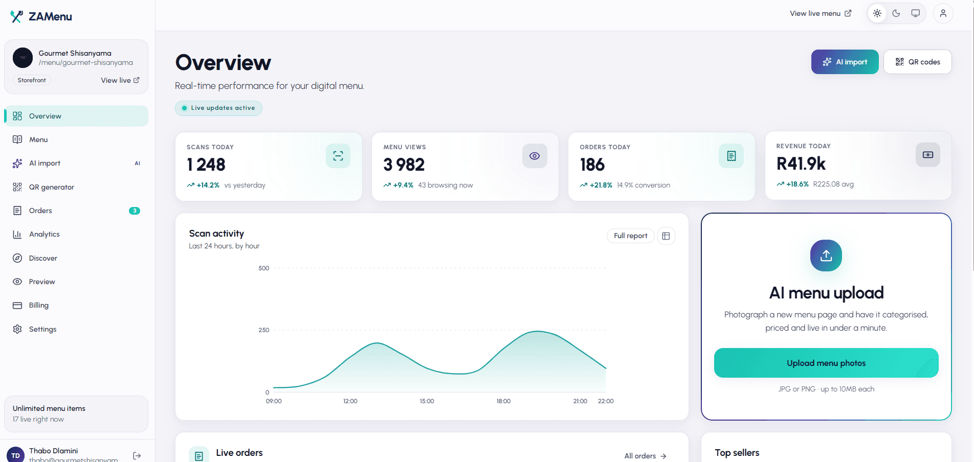 ZAMenu merchant dashboard with scans, orders, revenue and AI menu upload